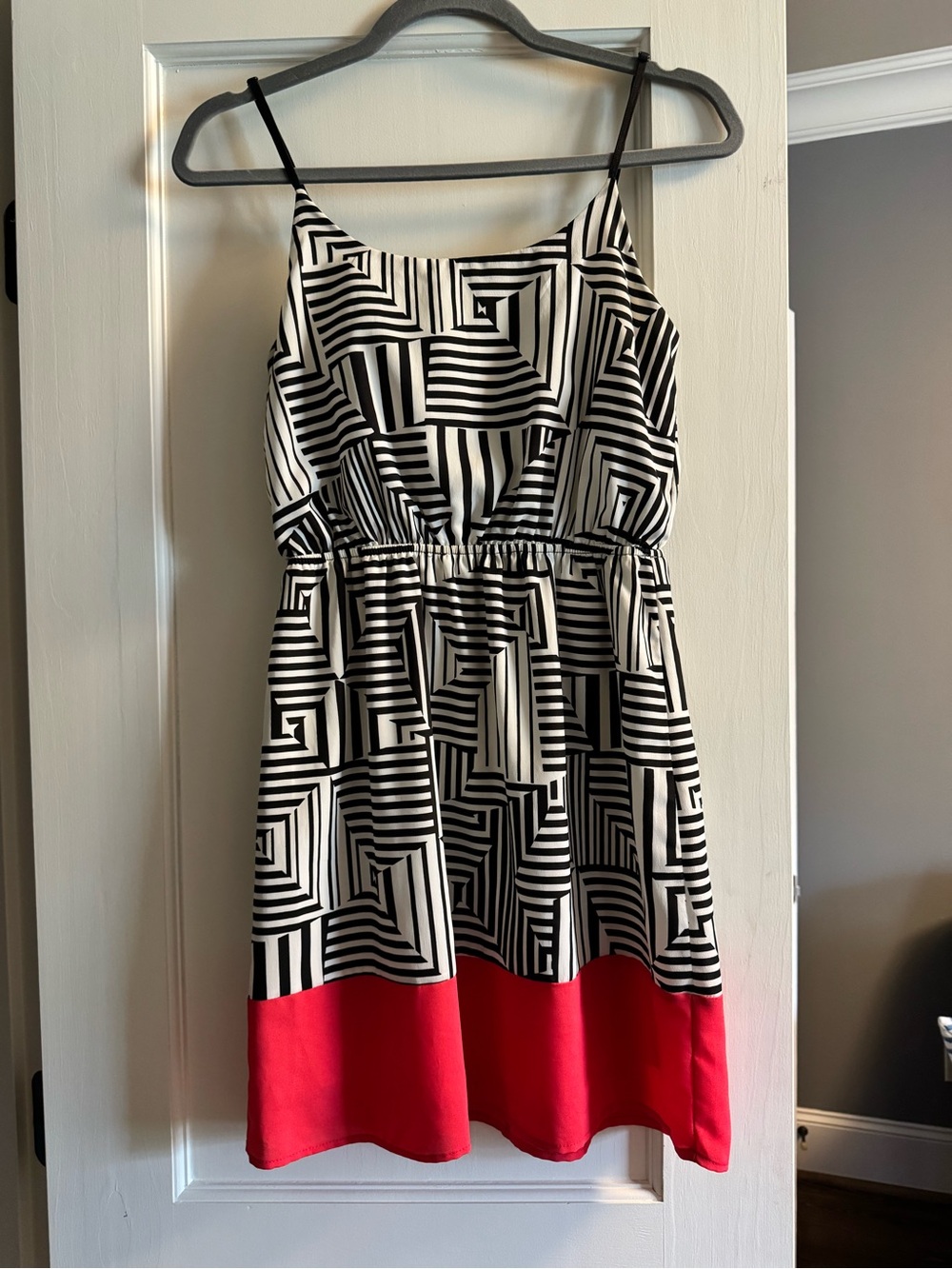 Black & White Geometric Spaghetti-Strap Dress with Red Hem
